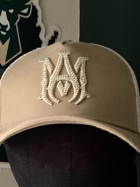 AMIRI Khaki and Cream Embellished Logo Trucker Cap